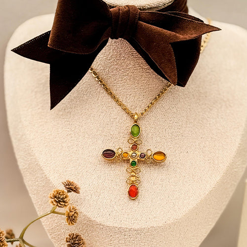 CAT EYE STONE CROSS Necklace